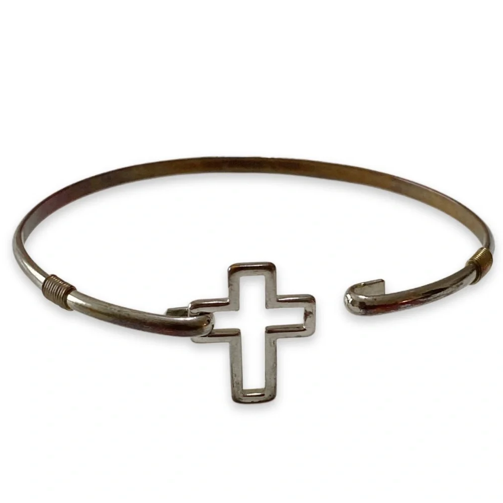 Vintage Bohemian Cross Distressed Silver Metal Latch Adjustable Bangle Bracelet